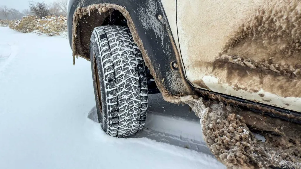 blizzak dm-v2 tires being tested in heavy snow