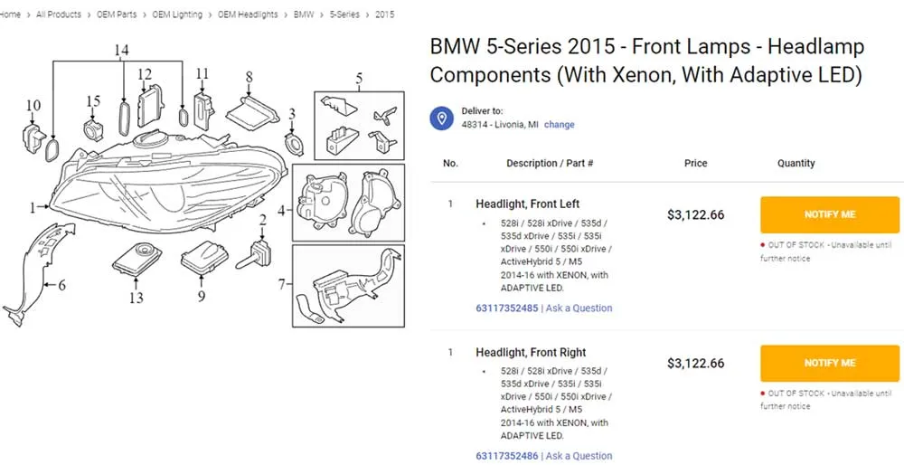 full headlight assembly diagram bmw f10 5 series
