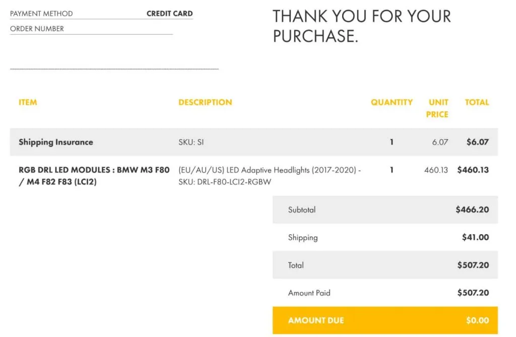 rgb headlight order confirmation for driver soul